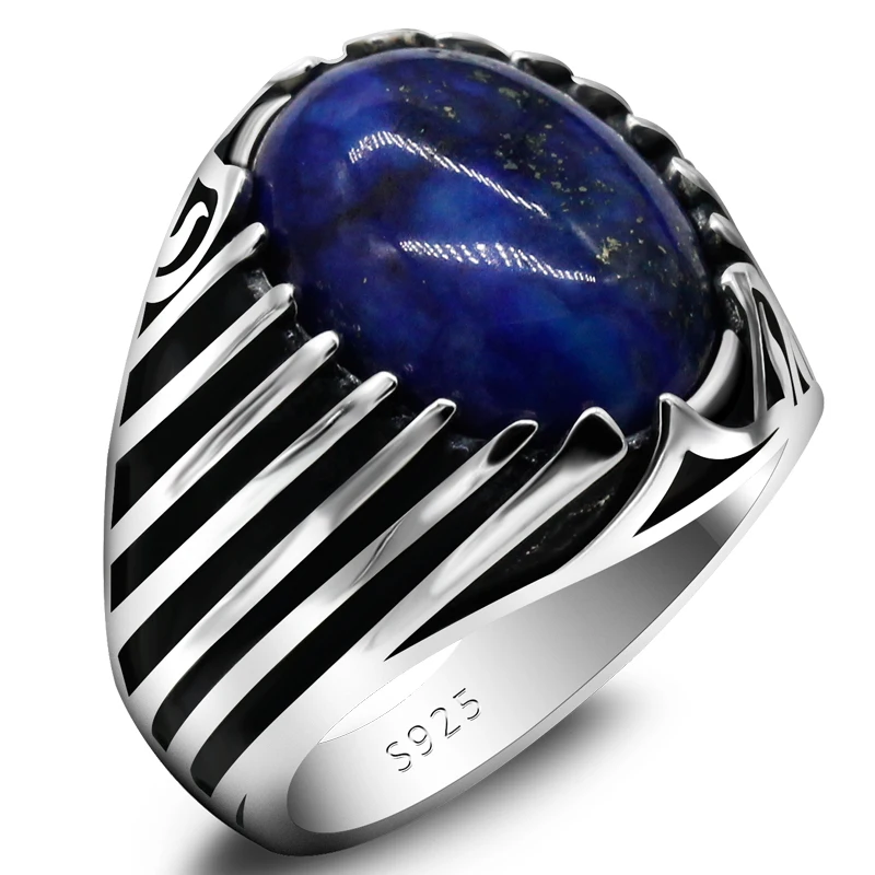 

Real Solid 925 Sterling Silver Ring Simple For Men Natural Blue lapis lazuli Stones High Polishing Middle East Turkish Jewelry