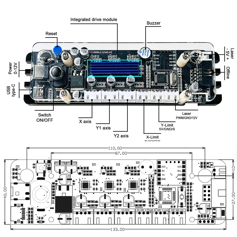 GRBL 32 бит Type-C порт для лазерной гравировки панель управления 2-осевой
