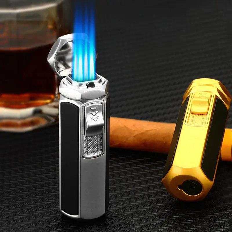 

Quadrilateral Metal Four Torch Lighter Boutique Cigarette Cigar Lighters Windproof Butane Gas Lighter Ignition Tool