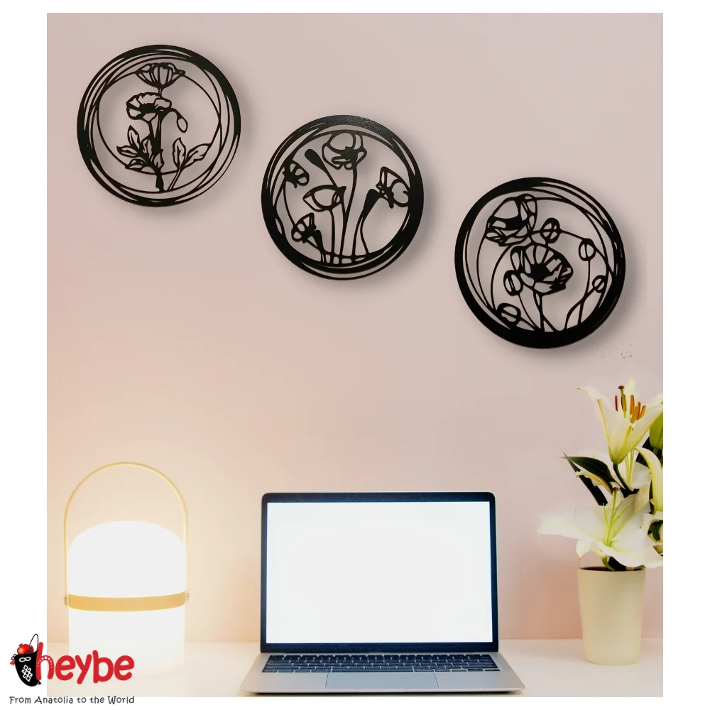 Деревянная Стена Художественное Украшение 3 Части Цветок Мака Черный Цвет 2021