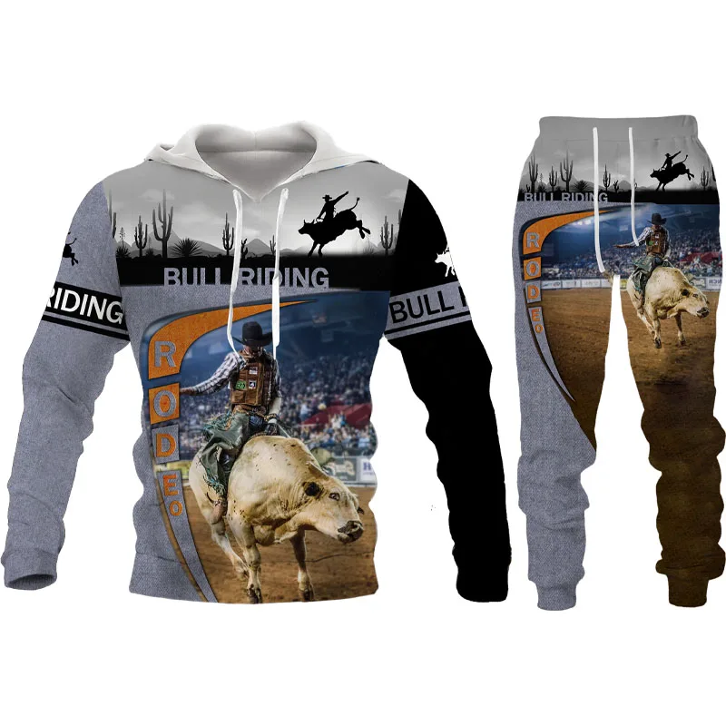 

Animal 3D Bullfight Printed Men's Hooded Sweater Set Male Sportswear Tracksuit Long Sleeve Autumn Winter Men Clothing Suit