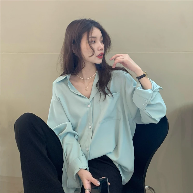

Spring And Summer Women Long Sleeved Fashion Solid BF Style Loose Casual Shirt