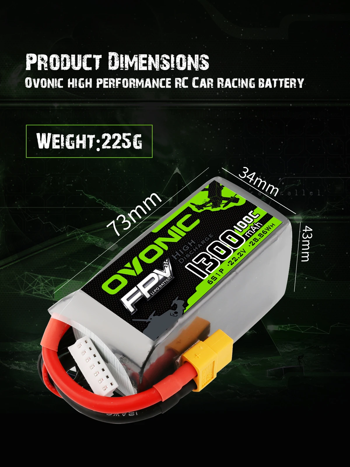 OVONIC-bater&iacute;a LIPO 6S FPV para Dron de carreras, 1300mAh, 100C, 22,2 V, enchufe XT60 para cuadric&oacute;ptero, helic&oacute;ptero, UAV, bater&iacute;as de avi&oacute;n-1