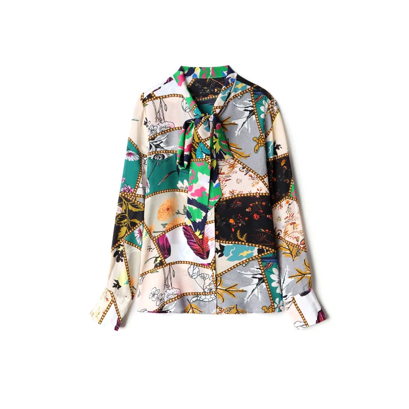 Женская модельная рубашка из 100% чистого шелка Элегантная блузка с бантом на