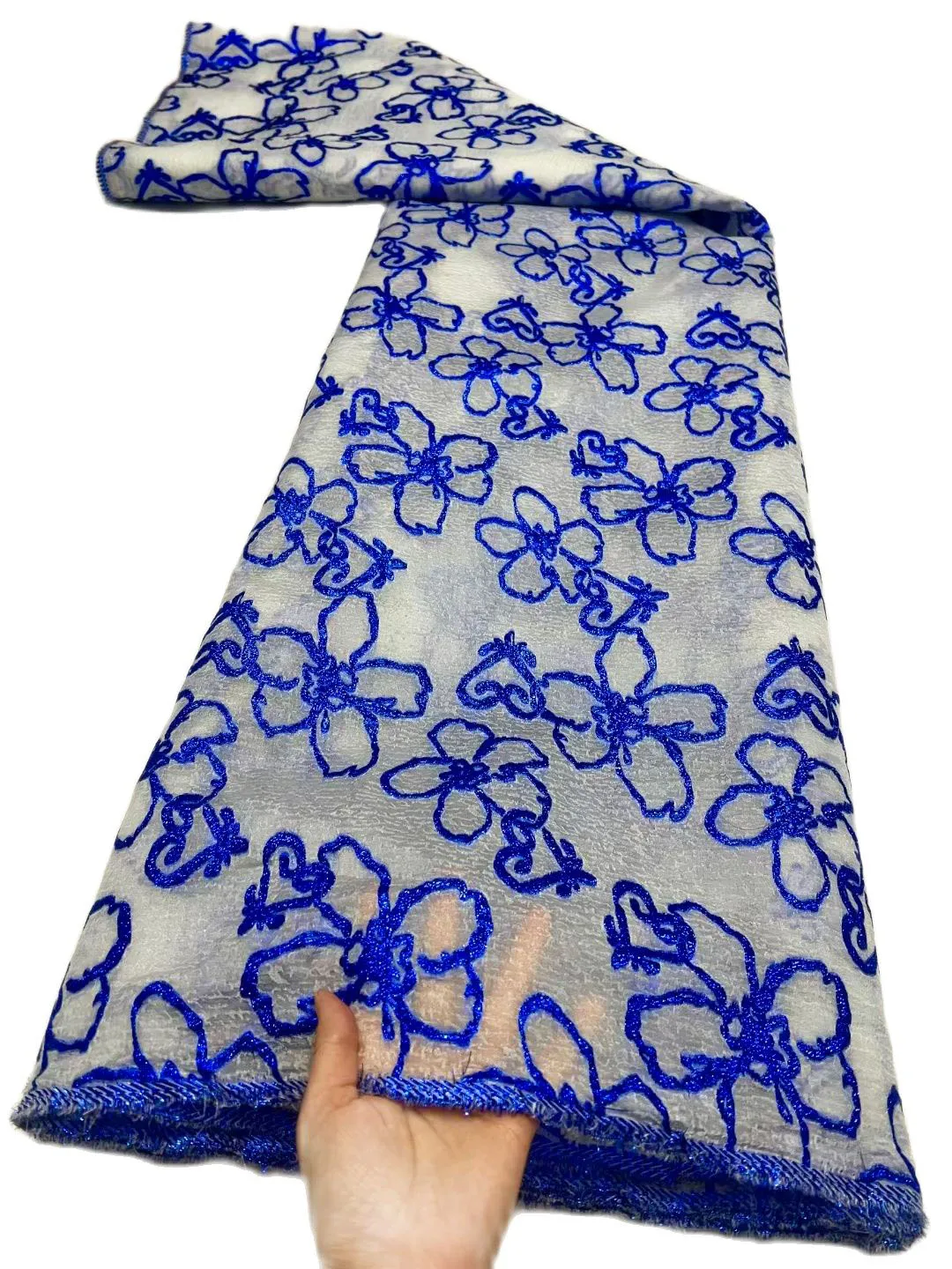 

Beautiful Jacquard Light High Quality White and Royal Blue Aso Ebi Party Dress Material Brocade French Turtle Tulle Lace F019-2