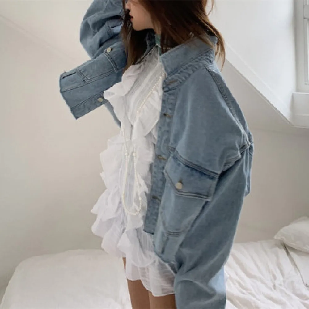 

Женская джинсовая куртка с длинным рукавом, повседневная короткая куртка оверсайз с отложным воротником, одежда в уличном стиле, 2020