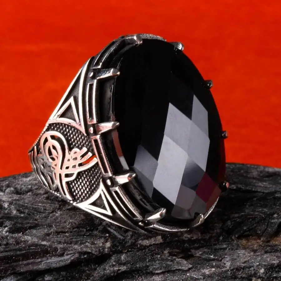 

Ottoman Tugra Faceted Black Oval Zircon Stone Silver Men's Ring Fashion Turkish Premium Quality Handmade Jawelery