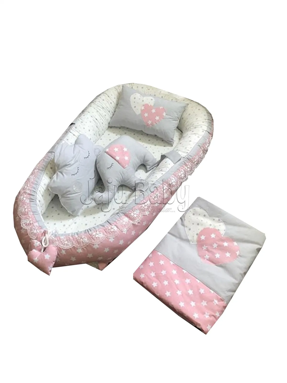 Jaju Baby Handmade, Powder Starry Pattern Gray Fabric Design Lux Orthopedic Babynest Set of 5 Mother Side Portable Baby Bed