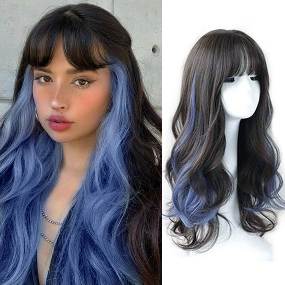 

HOUYAN Synthetic long wavy curly hair black bangs blue highlights female cosplay Lolita black heat-resistant party wig