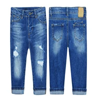 kidscool space baby little girl boy jeans teenager elastic band inside ripped holes denim pants trousers bottoms clothing