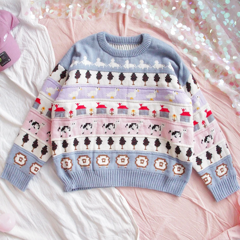 2020 Winter Sweater Thicken pullover Loose Oversize Cute Cartoon Print Vintage Soft Long Sleeve Knitted | Женская одежда
