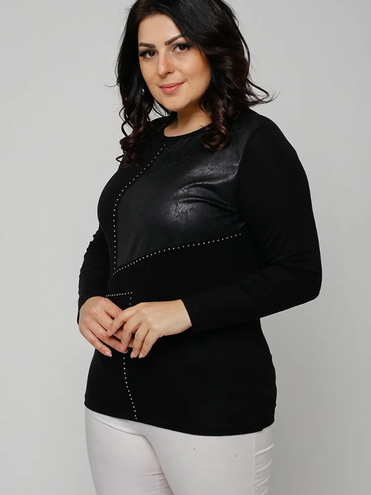 Женская черная блузка большого размера с круглым вырезом и длинным рукавом