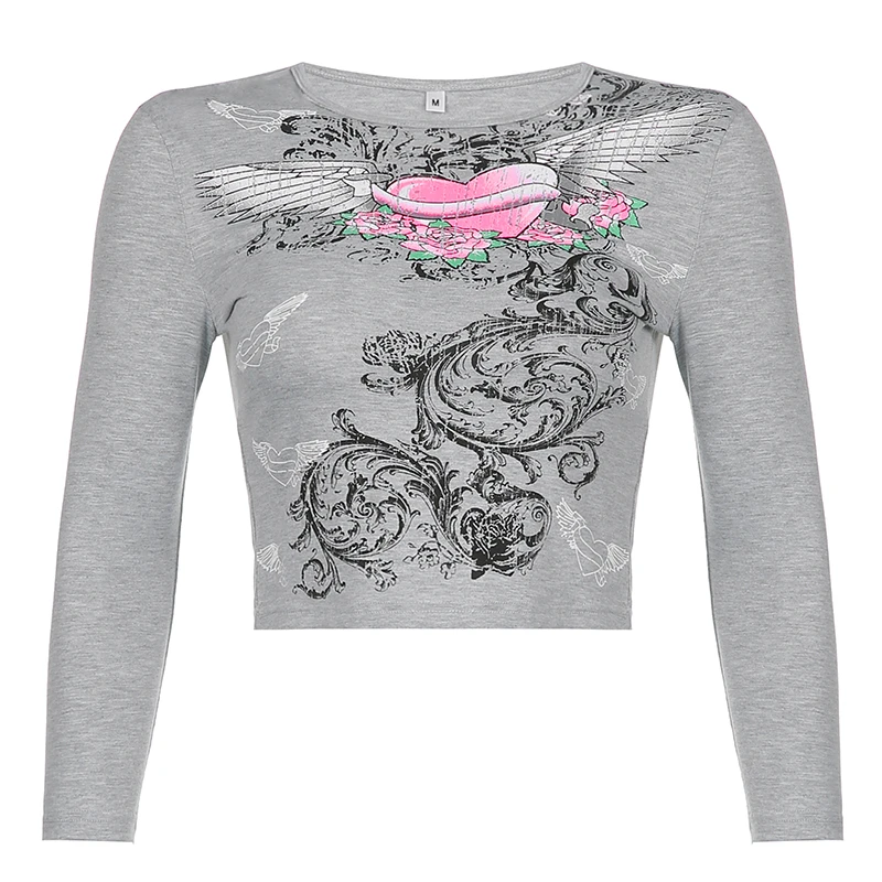Xingqing Angel Wings Print Tops Fairy Grunge Graphic T Shirts Vintage Indie Aesthetic Clothes Cyber Y2k Slim Long Sleeve Top couple t shirt