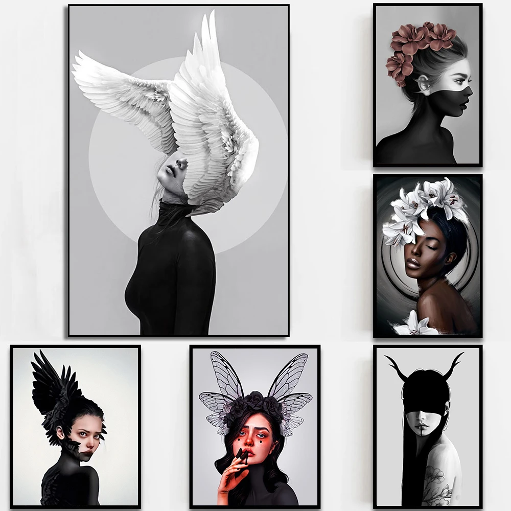 

Wearing Flowers Woman Black and White Posters Artwork On The Wall Art Mural Canvas Painting Abstract Pictures Living Room Decor