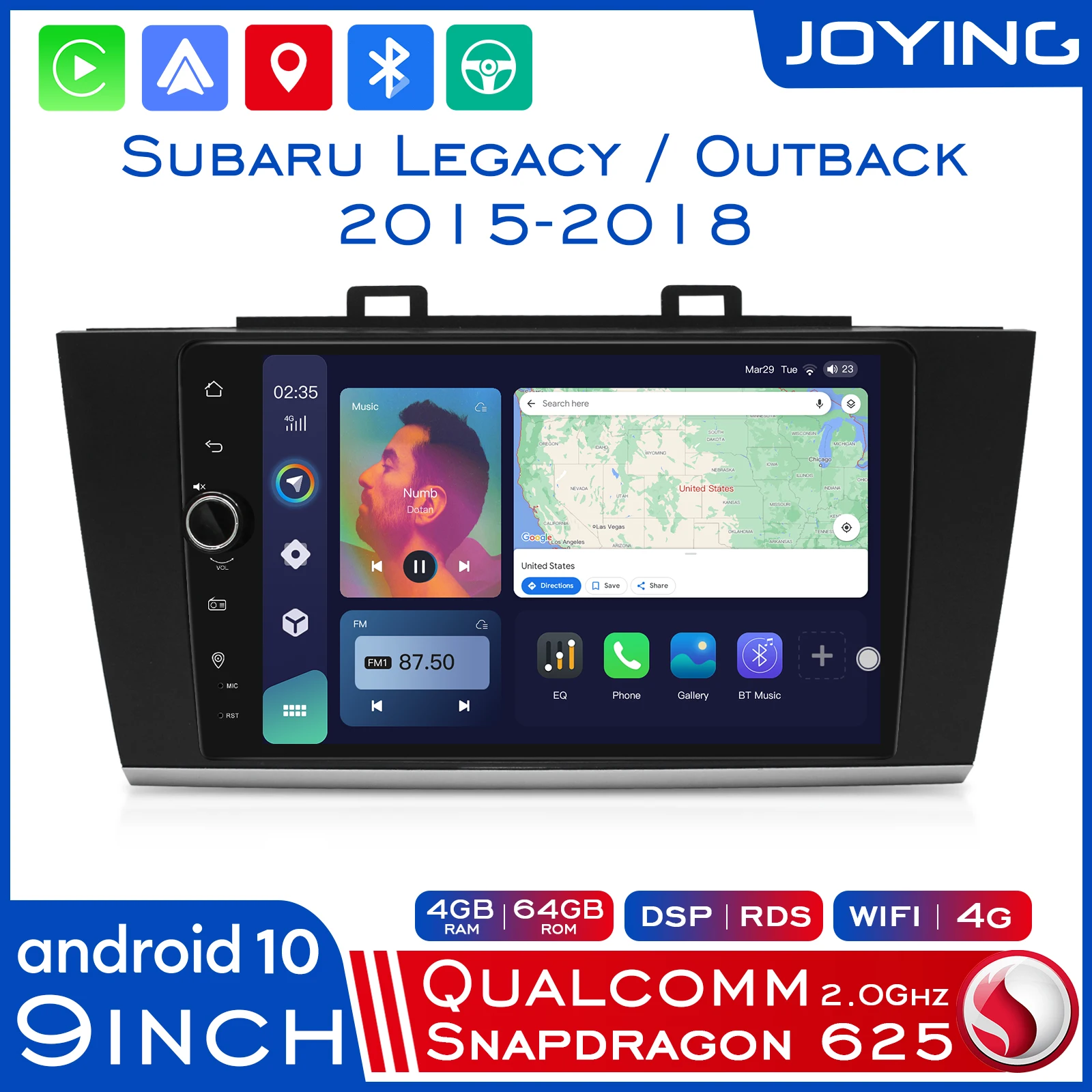 Qualcomm Snapdragon 625 Radio Tape Recorder 1 din Android Car Stereo 9” Wireless Carplay GPS For Subaru Legacy Outback 2015-2018