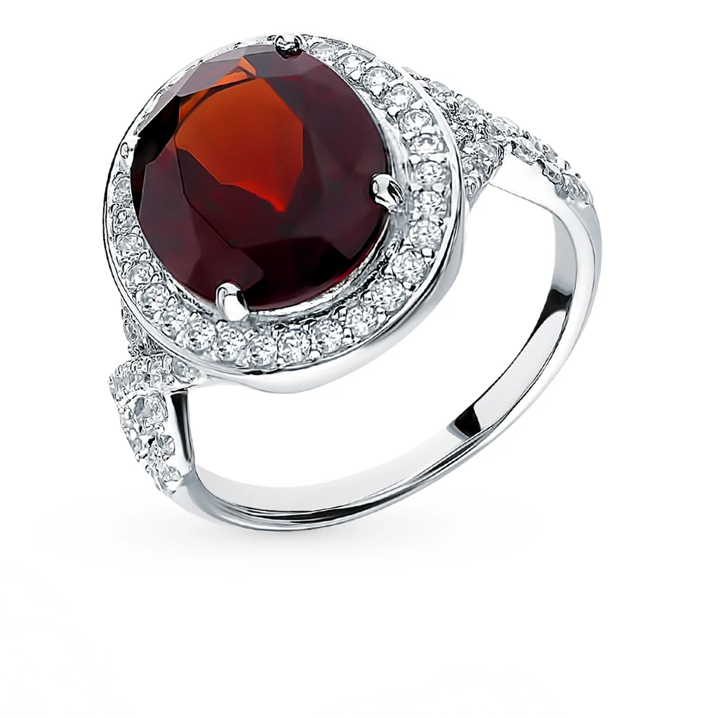 Серебряное кольцо с фианитами и гранатом SUNLIGHT проба 925|Кольца| |