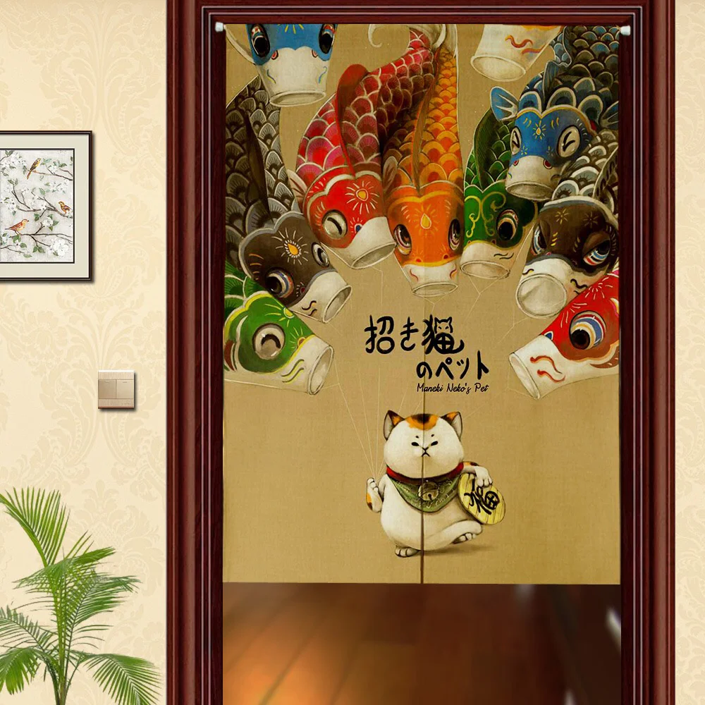 Lucky Cat, два карпа, приветственные слова, Сова, олень, Ниан, Ниан, вы, Ю, тропические растения, занавес для двери ресторана, Норен, дверной проем, перегородка