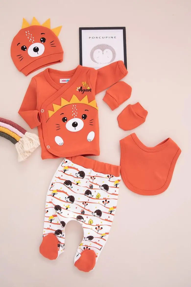 

80% Turkish Cotton - Hedhehog Newborn Baby Cloth 5 pcs Set - Orange