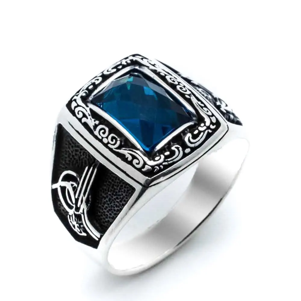 

Blue Zircon Stone Ottoman Monogram Sterling Silver Ring