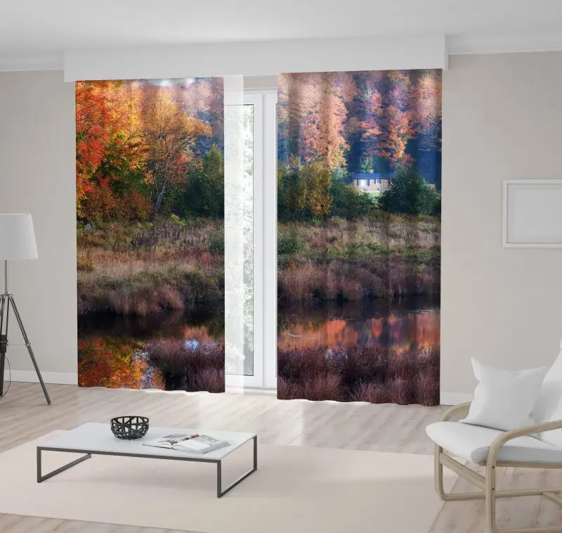 Занавеска Осенняя листва Риверсайд деревья лес дом Сельский спокойный природа