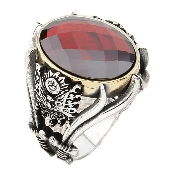

Ottoman Coats of Arms Sterling Silver Men's Ring with Oval Red Zircon Gemstone with Golden Frame Jewelry Gift for Grandfather