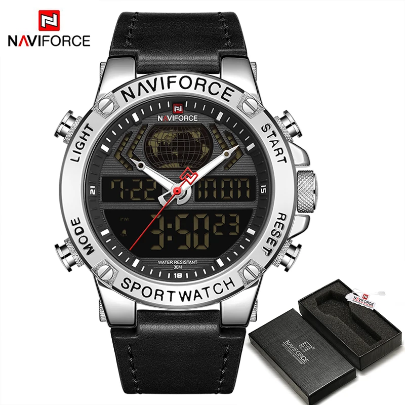 SBB BOX NAVIFORCE, роскошные золотые мужские часы, спортивные, светодиодный, цифровые, кварцевые часы, военные, кожа, водонепроницаемые часы для мужчин, Relogio Masculino - Цвет: SBB BOX