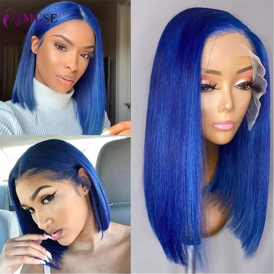 Short Bob Wigs Bone Straight Blue Color Lace Front Wig Pre Plucked Colored Human Hair Wigs for Women Brazilian Lace Closure Wig