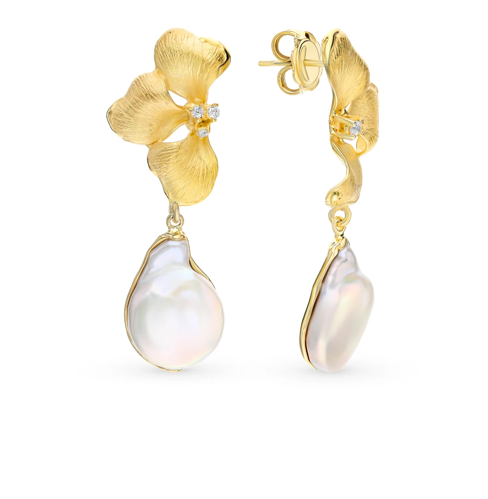 Серебряные серьги с фианитами и жемчугом SUNLIGHT проба 925|Серьги-гвоздики| |