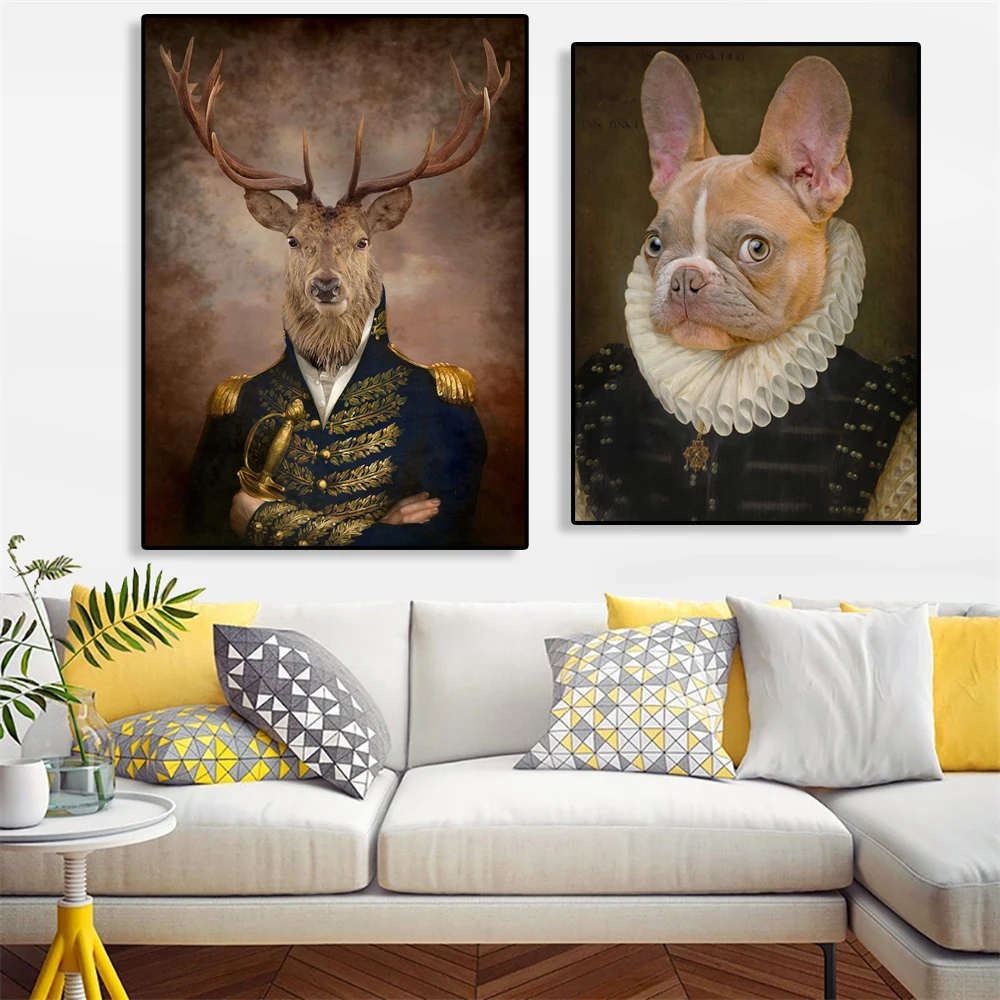 

Vintage Stag Portrait Wall Art Canvas Painting Altered Art Print Restoring Animal Head Human Body Posters Living Room Decor