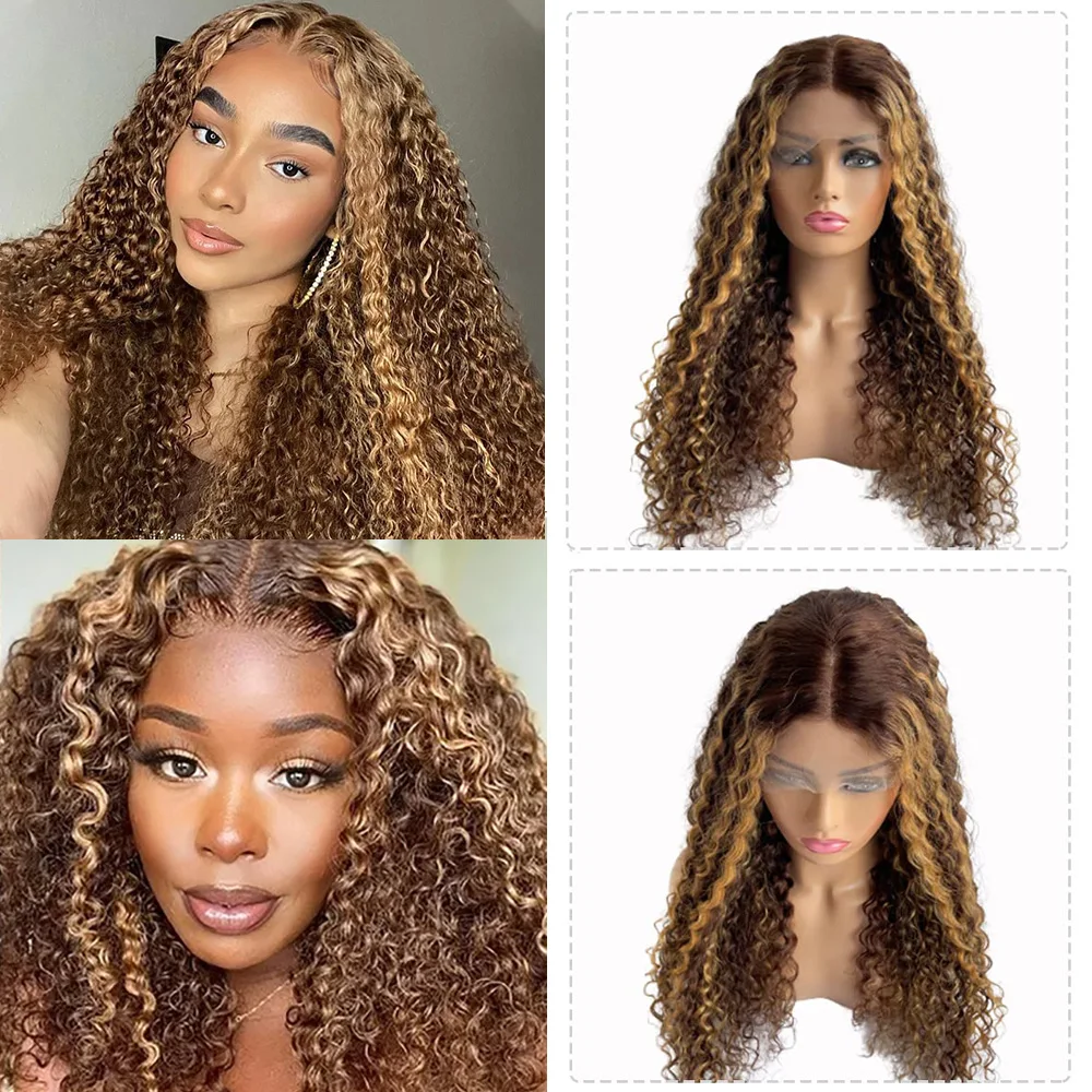 4P27 Curly Human Hair Wig Highlight Blonde Ombre 13x4 Lace Front Human Hair Wigs Brown Colored Deep Wave Half Hand Tied Wigs