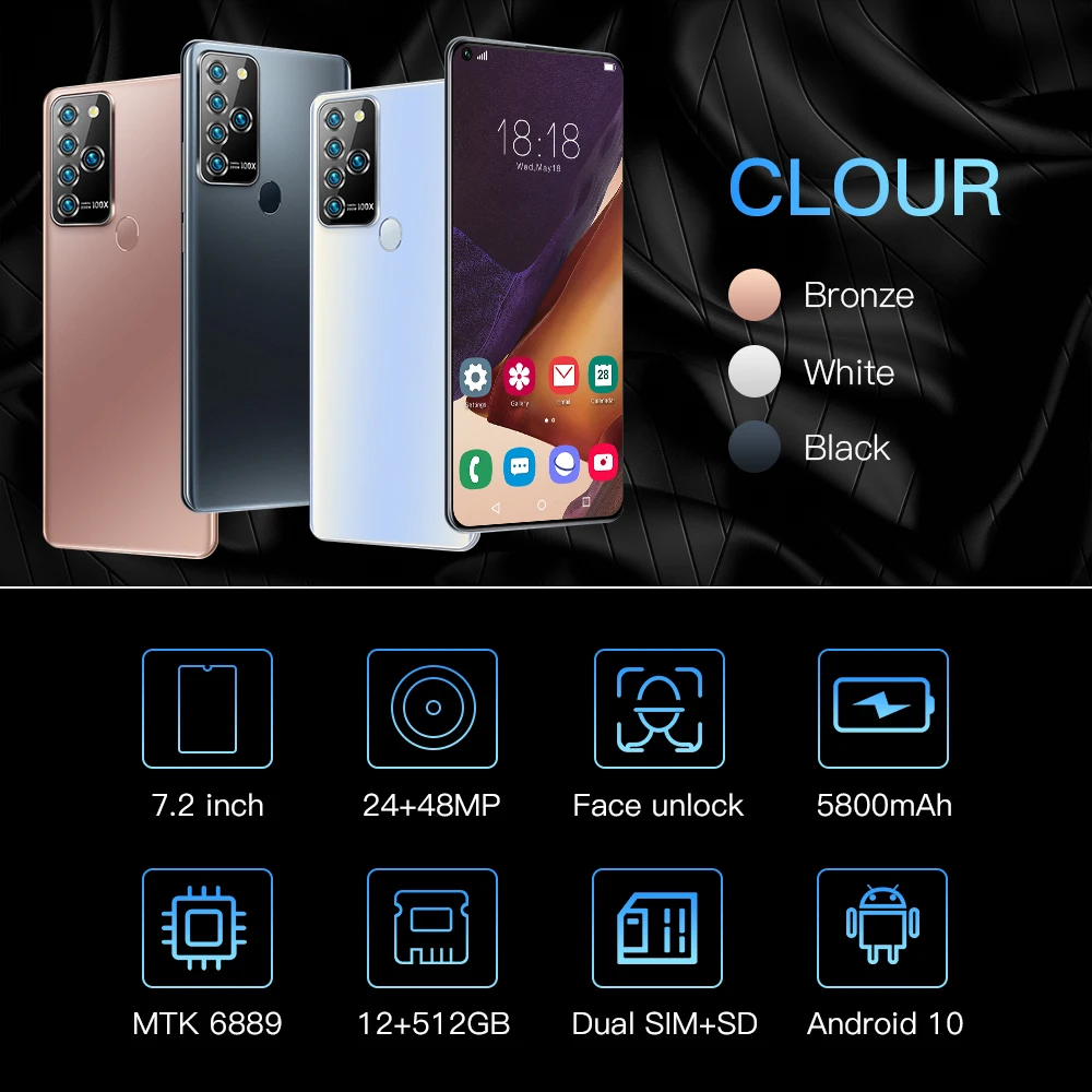 

Note25U 7.2 Inch HD+ Full Screen 10-Core MTK6889 Smartphone Android10.0 12+512GB 5G LET Cellphones Dual SIM Mobile Phone 5800mAh
