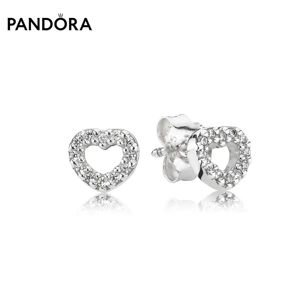 Серьги-пусеты PANDORA &quotПлененное сердце&quot серебро 925 прозрачный цирконий оригинал
