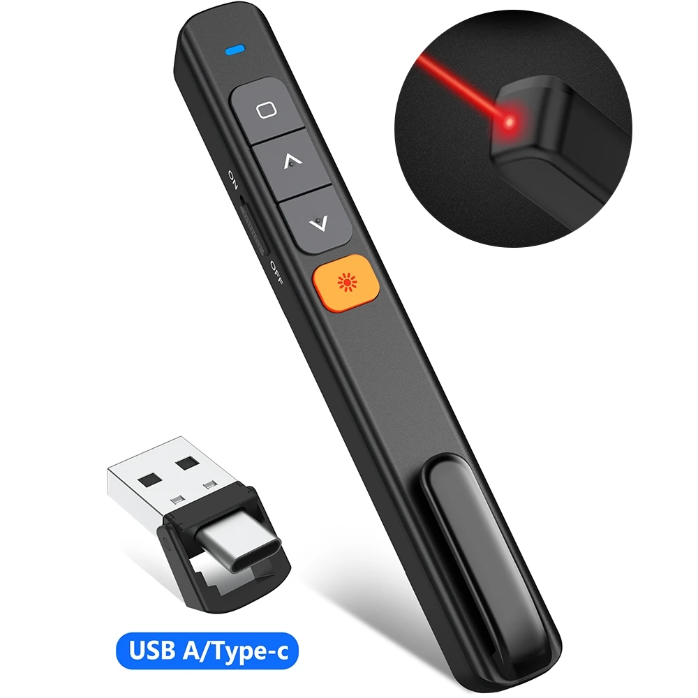 

2.4GHz Presentation Clicker 100FT Hyperlink Volume Control with Type C/USB Red Laser Wireless Presenter for Powerpoint Clicker
