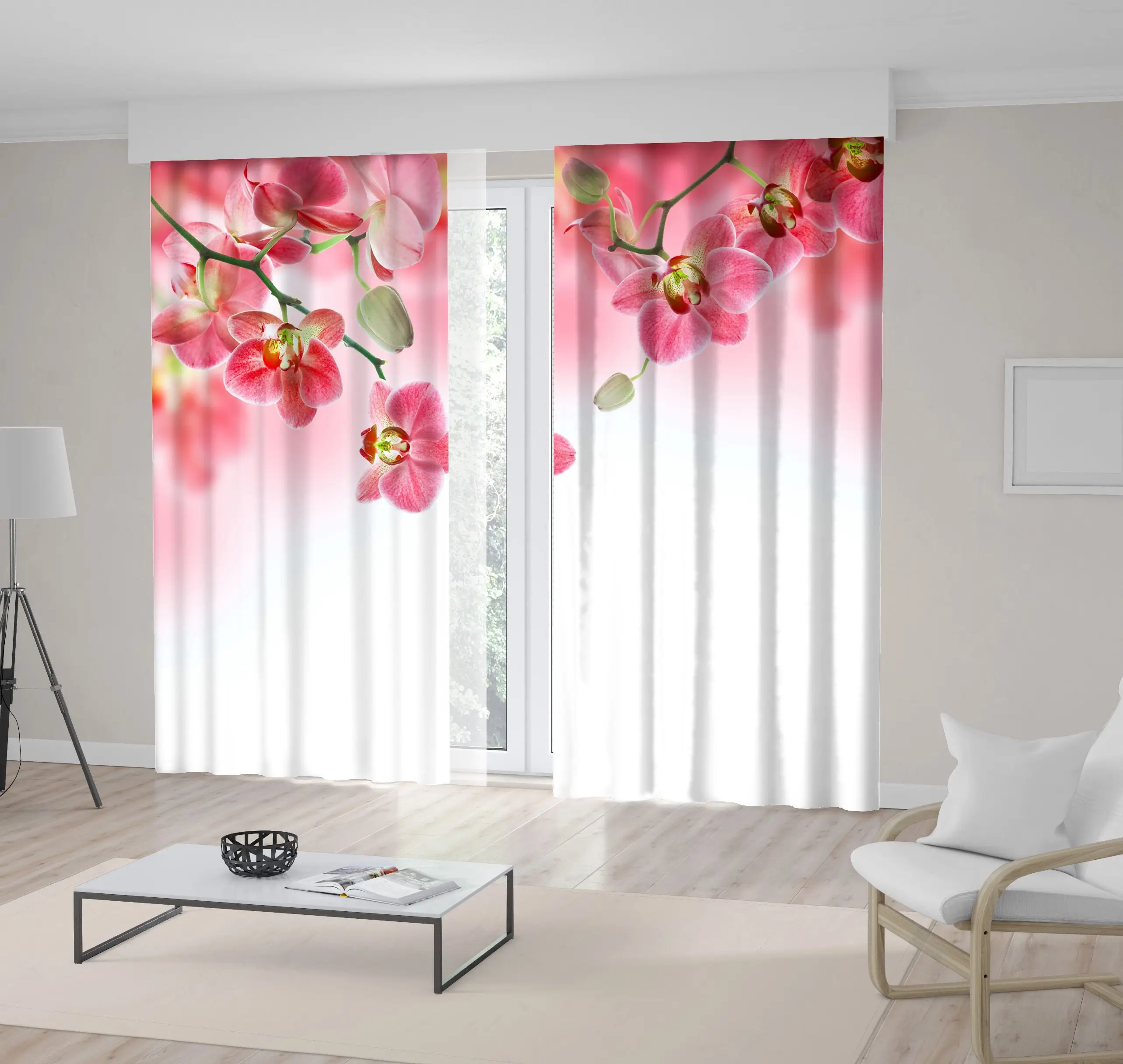 

Curtain Orchids Branches Tropical Flowers Buds on Becomes Blurred Background Decorating Photo Printed Pink White