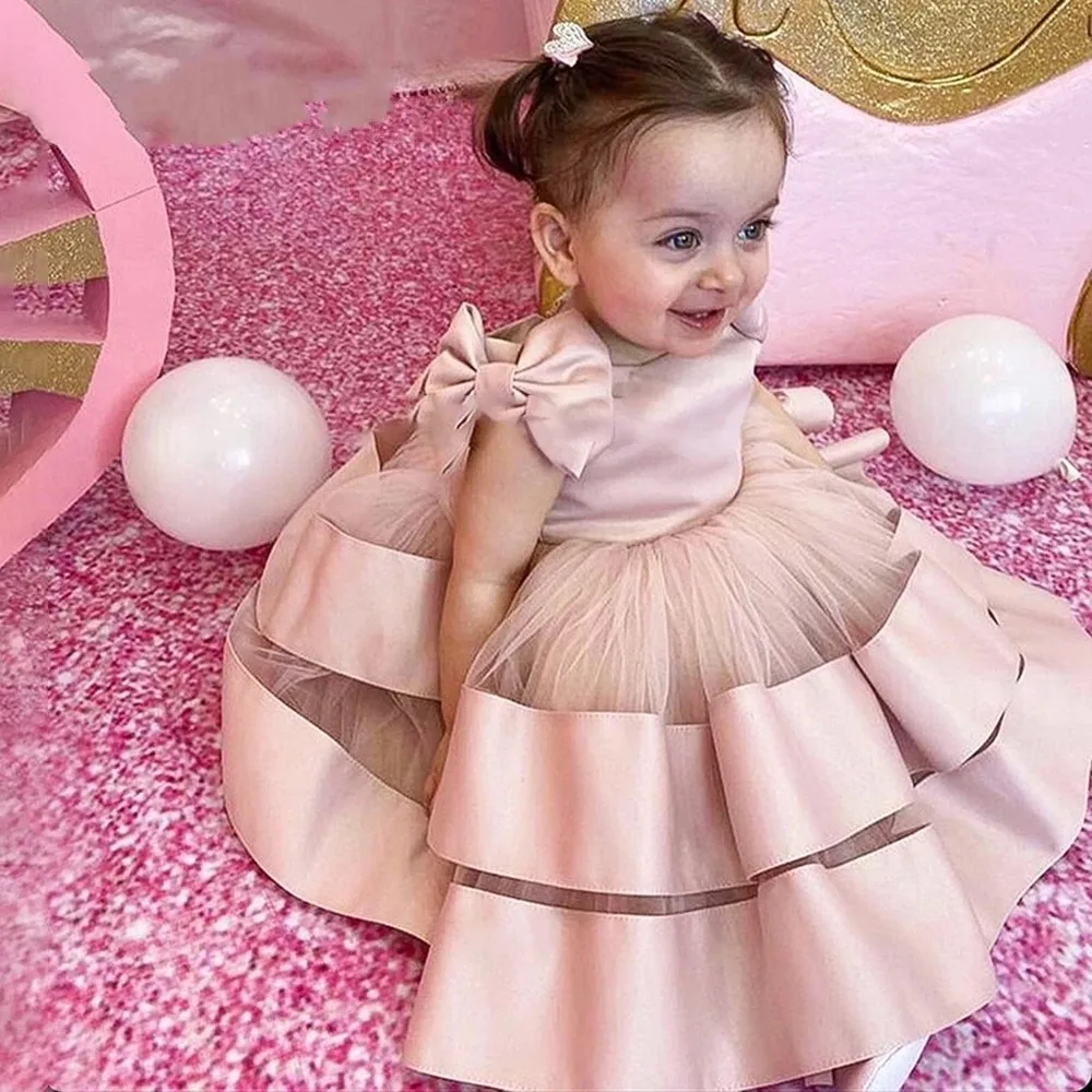 Puffy Layers Pink Flower Girl Dresses Satin Bow Kids Princess Dress Bow Shoulder Kids First Communion Dresses Birthday