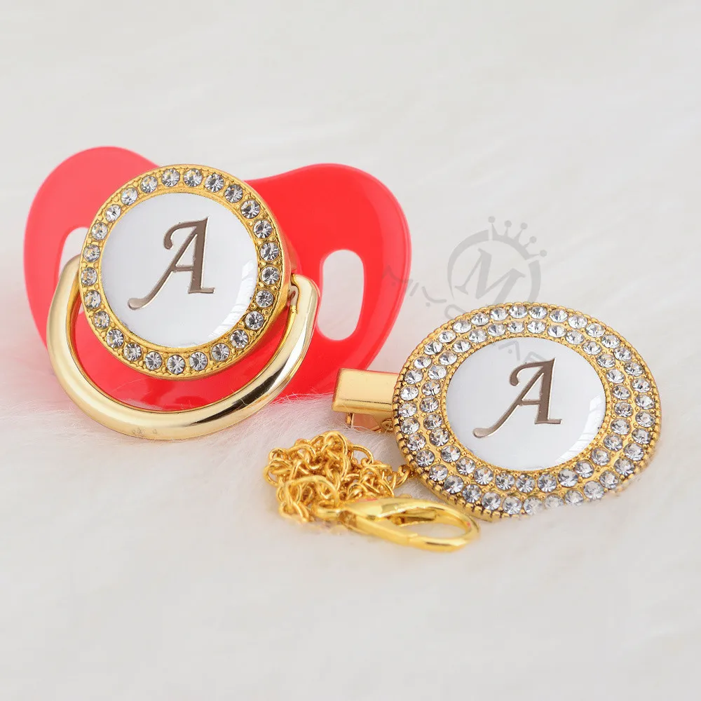 MIYOCAR Gold silver name Initials letter white elegant A beautiful bling pacifier and pacifier clip BPA free dummy bling LA-W
