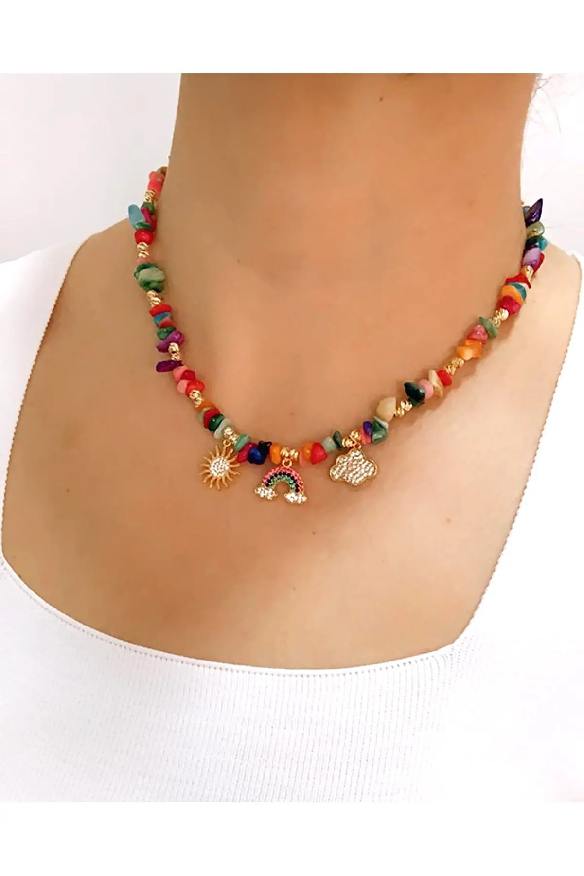 

Ожерелье с разноцветным натуральным камнем в форме радуги, облака и солнца, ювелирные изделия, аксессуары, мода, для женщин, набор