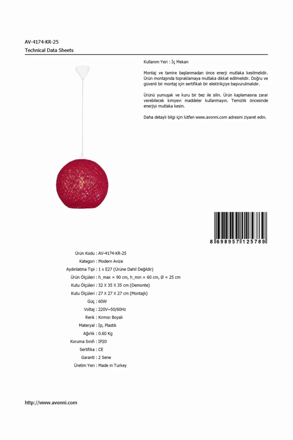 AVONNI AV 4174 KR 25 красный окрашенный кулон E27 веревка пластик 25|Подвесные светильники| |