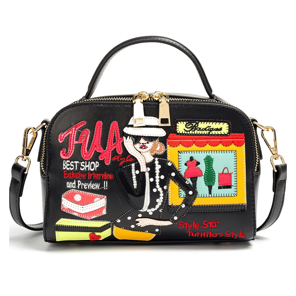 

Women Bag Leather Patchwork Embroidery Handbag Shoulder Bags Cross Messenger Bag Braccialini Style Handmade Cartoon Fashion Girl