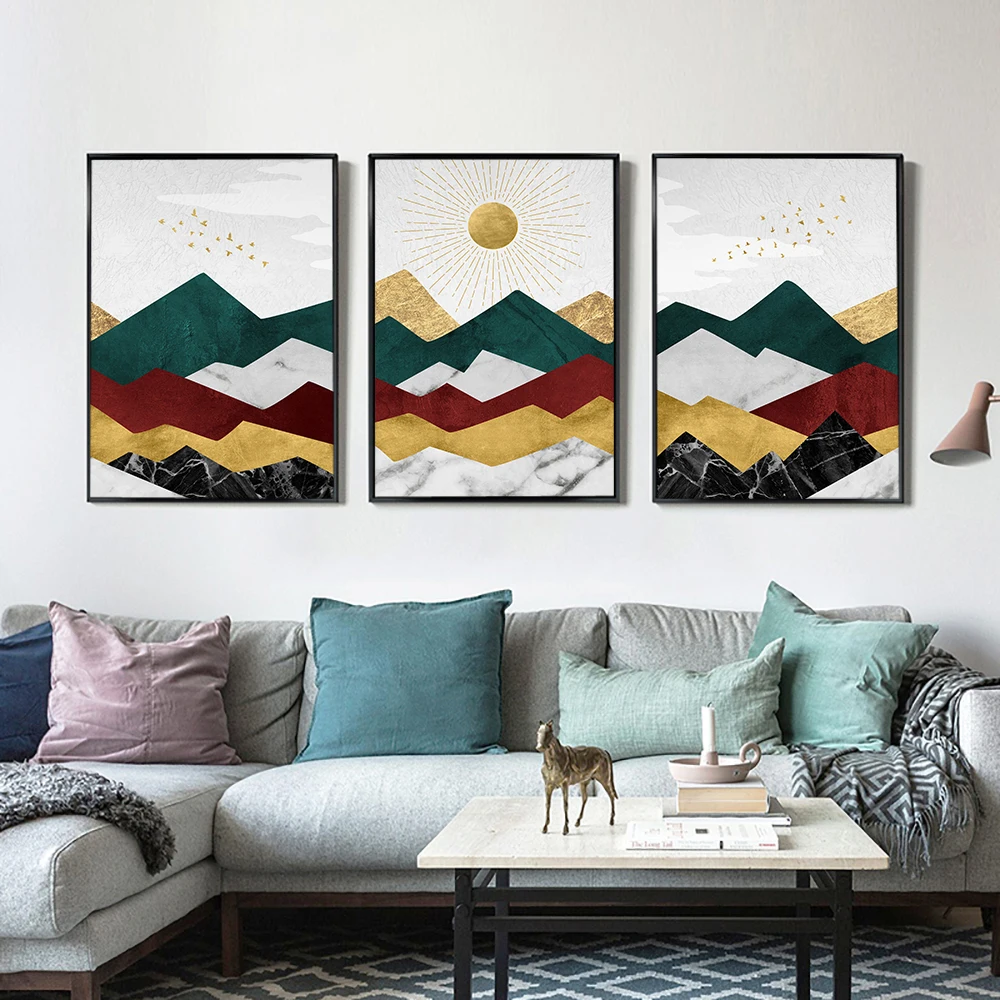 

Colorful Mountains Poster Abstract Marbling Canvas Painting Golden Sun Art Print Nordic Landscape Wall Picture Living Room Decor