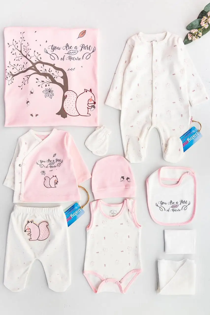 

ORGANIC 100 Turkish Cotton-Newborn Cloth 10 pcs Set-Baby Hospital Exit-Girl Squirel Pink