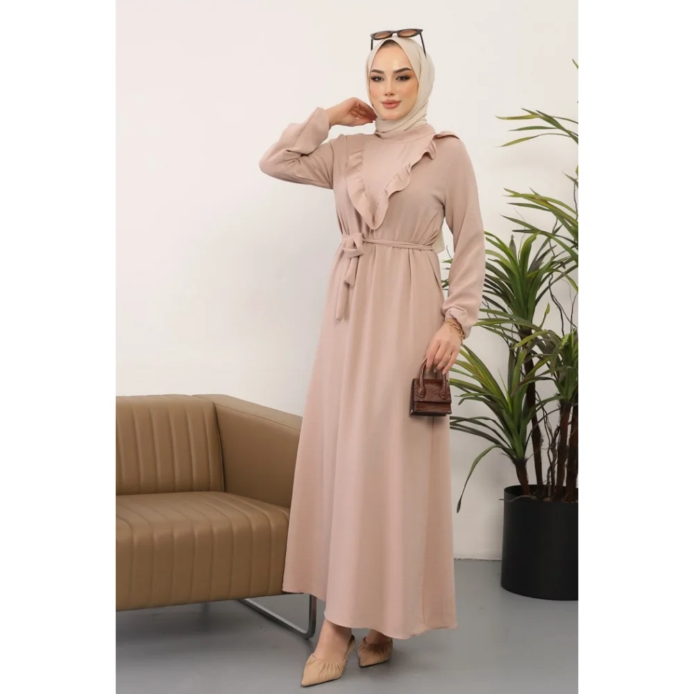 V Neck Frilly Ayrobin Sina Hijab Dress Trend Fashion Fast Delivery abaya muslim dress women kaftan open abaya long dress african