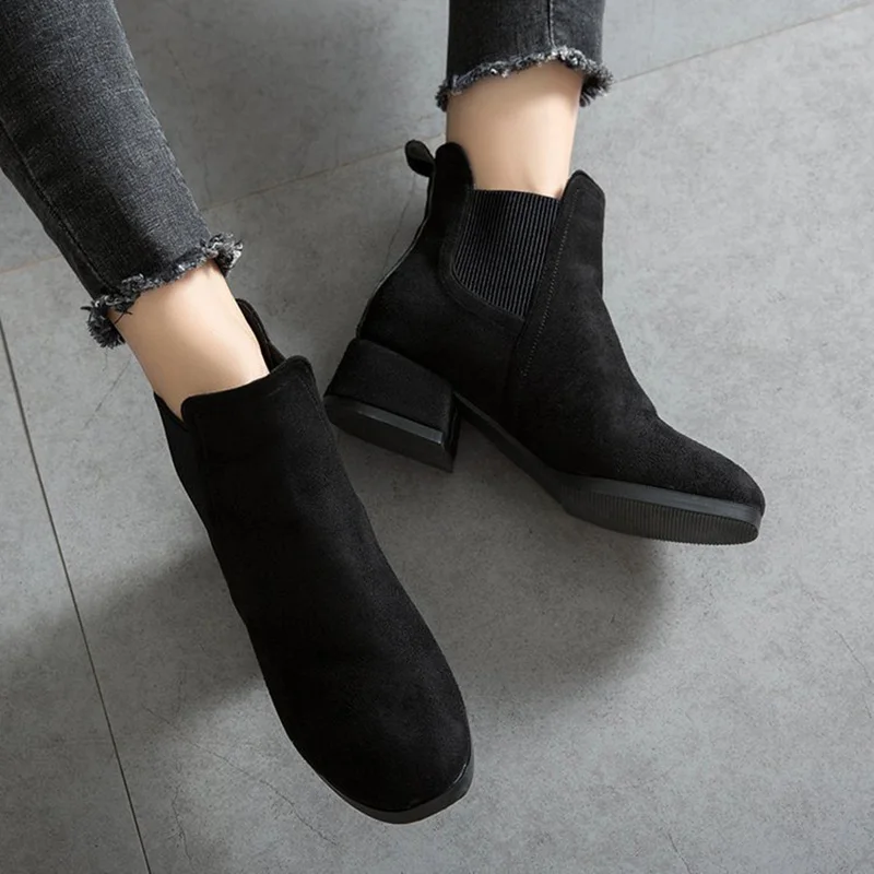 Autumn Winter Suede Ankle Boots Women Fashion Chelsea Boots Square Toe Thick Heel Short Boots Ladies Casual Shoes Size 35-41