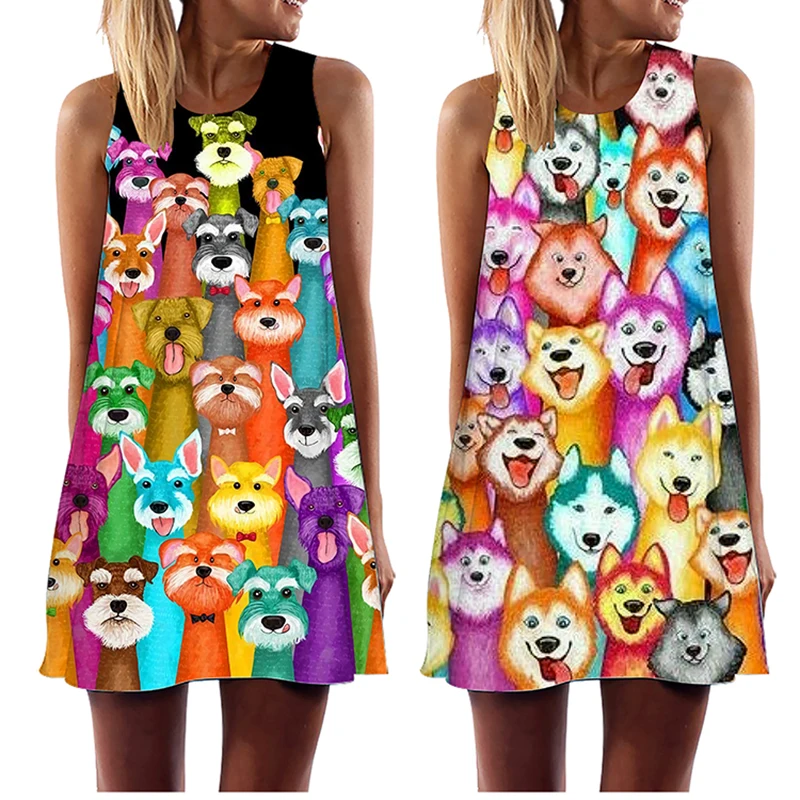 

New Women‘s Clothing 2022 Summer Dress Loose Sleeveless Vintage Cat Dog Print Casual A-Line Women Dresses Cute Print Mini Skirt