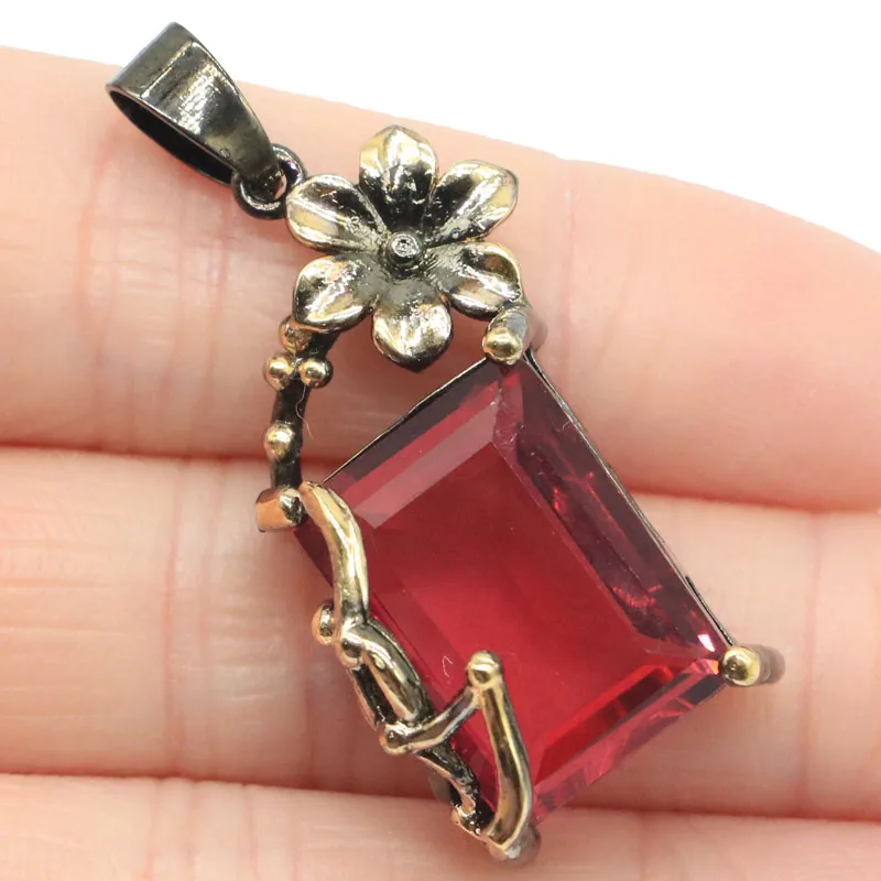 

43x17mm Neo-Gothic 2021 Vintage Flowers Created Pink Tourmaline London Blue Topaz For Women Gift Black Gold Silver Pendant