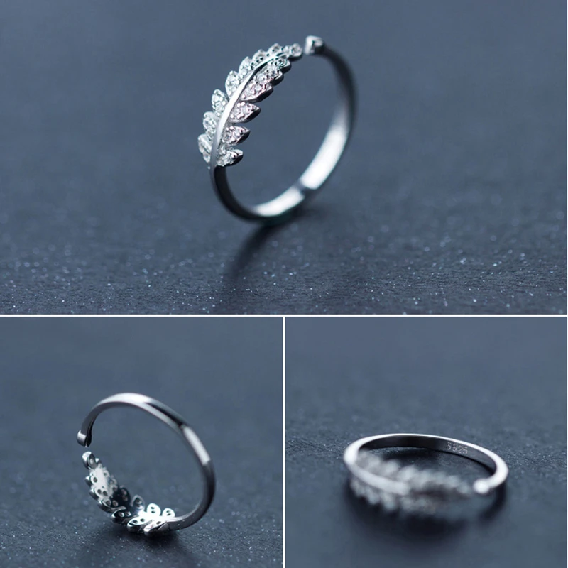 100% 925 пробы серебряные кольца маленькие милые листья регулируемые Everlast перо