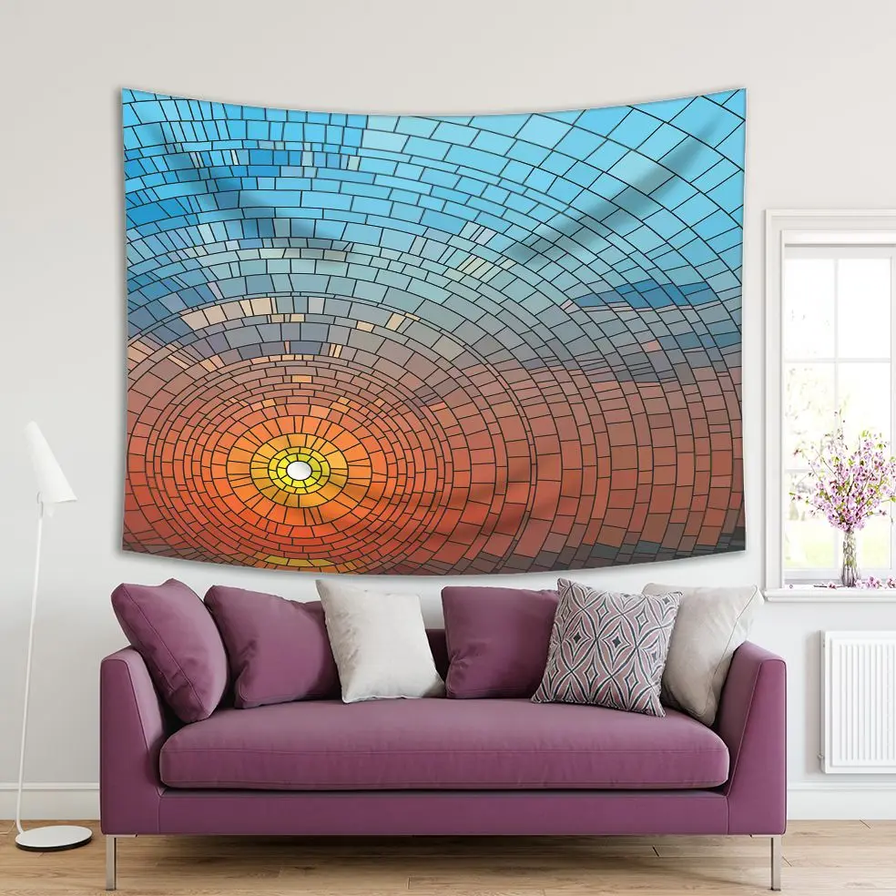 

Tapestry Stained Glass Window with Seaside Beach Sunset Sky with Clouds Mosaic Yellow Orange Blue Artwork Print
