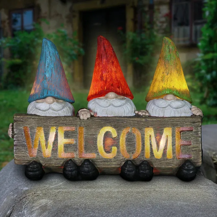 

Darcy Welcome Sign Held by Three Garden Gnomes Garden Sign