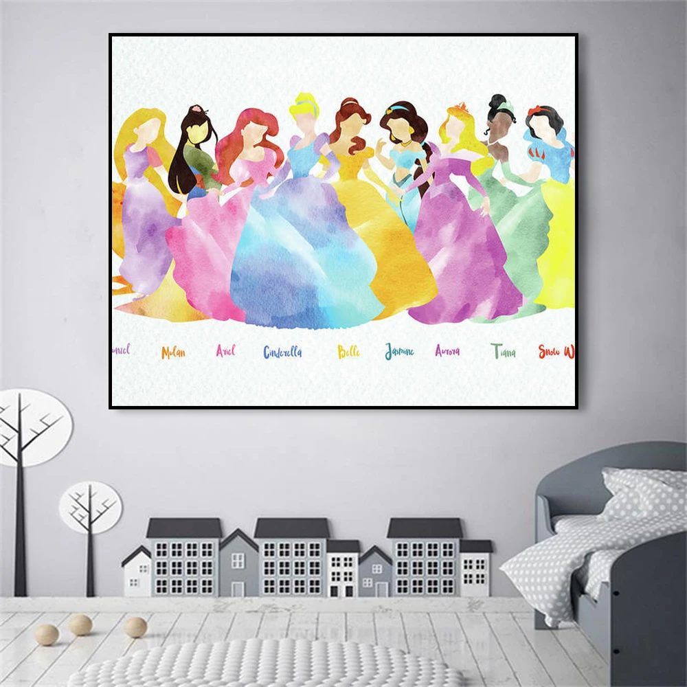 

Disney Princess Cartoon Abstract Watercolor Poster Snow White Cinderella Canvas Painting Wall Art Lliving Room Home Decoration