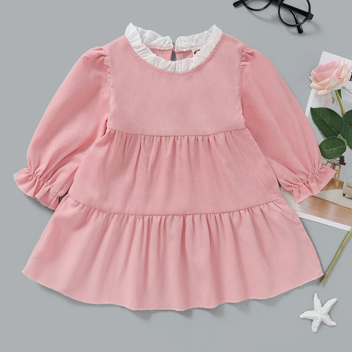 

Free Shipping Spring Baby Girl Clothes Newborn Baby Girl Clothes Spring Solid Pink Long Sleeve Ruffles Dress Toddler Outfits